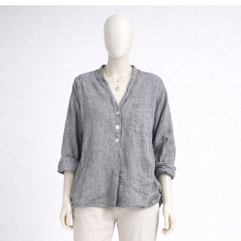 J.Jill Pure Jill 100% Linen Gray Tunic Top Blouse Button V-Neck M Petite Relaxed